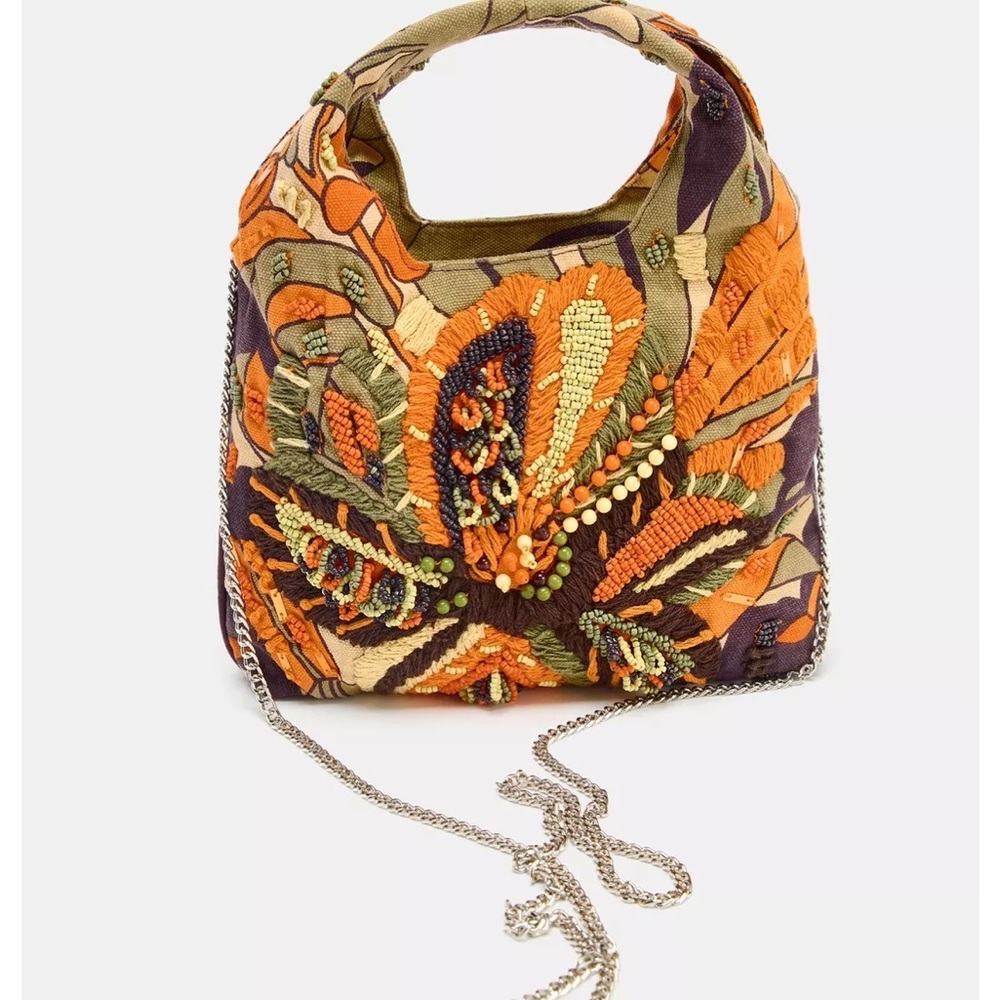 NWT Zara multicolor sequin beaded Orange and Brown Floral Shoulder Bag - Picture 6 of 11